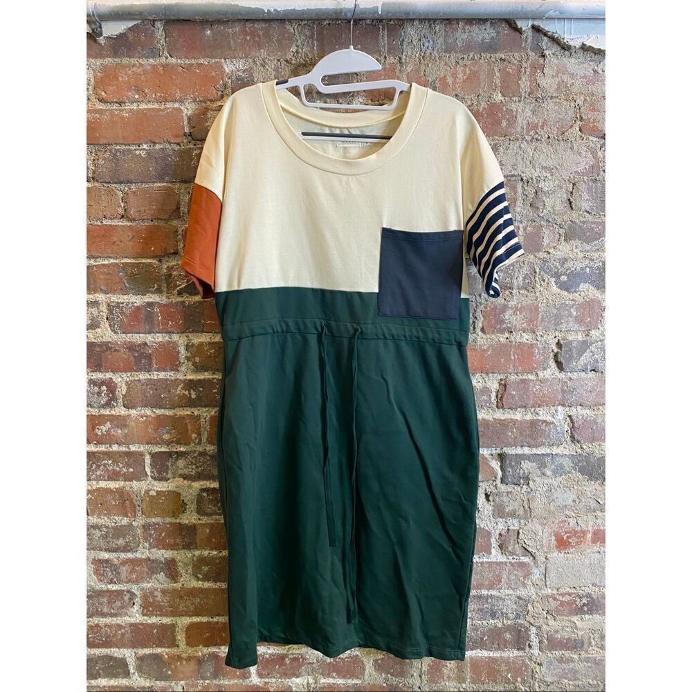 ROOLEE • Cream/Green Multi Color Blocked Draw String Waist Short Sleeve Knee Len
